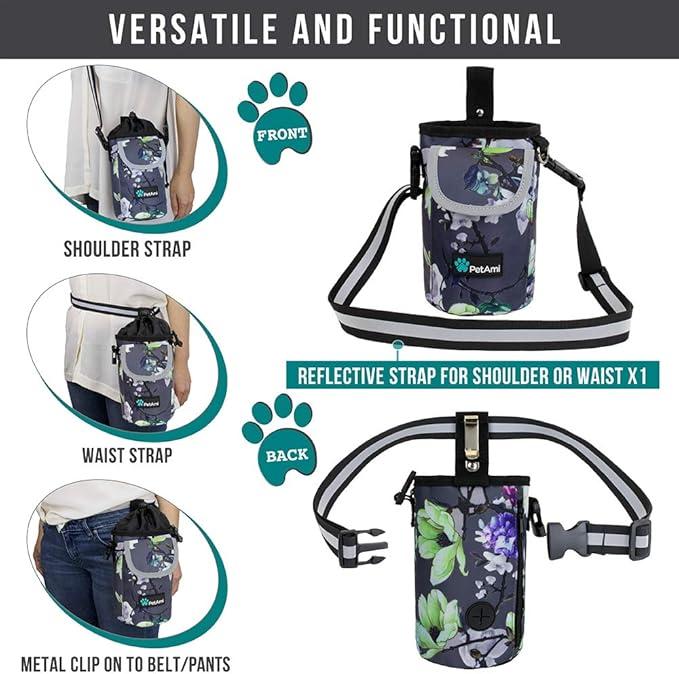 PetAmi Dog Treat Pouch, Large Pet Training Treat Pouch with Pocket, Dog Trainer Essentials Supply Holder with Poop Bag Dispenser, Training Bag for Kibbles Toys, 3 Ways to Wear (Floral Grey)