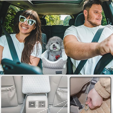 PETSFIT Dog Car Seats for Small Dogs with Safe Protection Hooks, Small Dog Car Seat with Upgraded Safety Tethers, Washable Cushion, Center Console Dog Car Seat for Pets Under 8 Lbs (Light Grey)