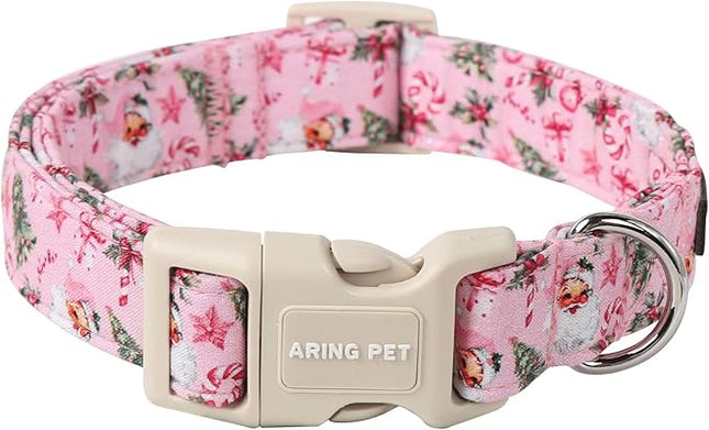 ARING PET Christmas Dog Collar, Cute Pink Santa Claus Christmas Tree Cotton Lightweight Pet Collars with Quick Release Buckle for Puppy Small Medium Large Boy Girl Dogs-L