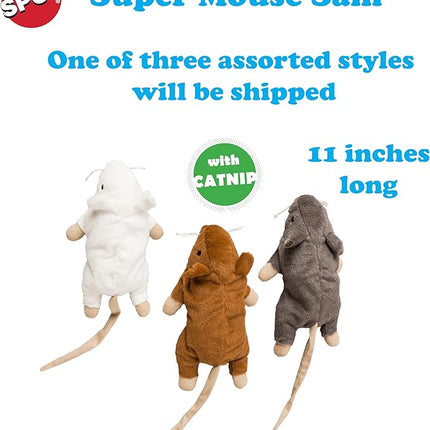 SPOT Super Mouse Sam with Catnip - Lifelike Cat Toy, Fuzzy Mice with Catnip and Crinkle Sound, Extra Large Size for Cuddling, Kicking, Chasing, Playing - 11in Plush Toys, Assorted Colors