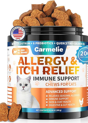 Cat Allergy Relief Chews 200 pcs - Cat Itchy Skin & Paw Licking Relief - Omega 3 & Probiotic for Cats - Anti-Itch Relief for Skin & Coat Health, Immune Support, Seasonal Allergies - Chicken Flavor