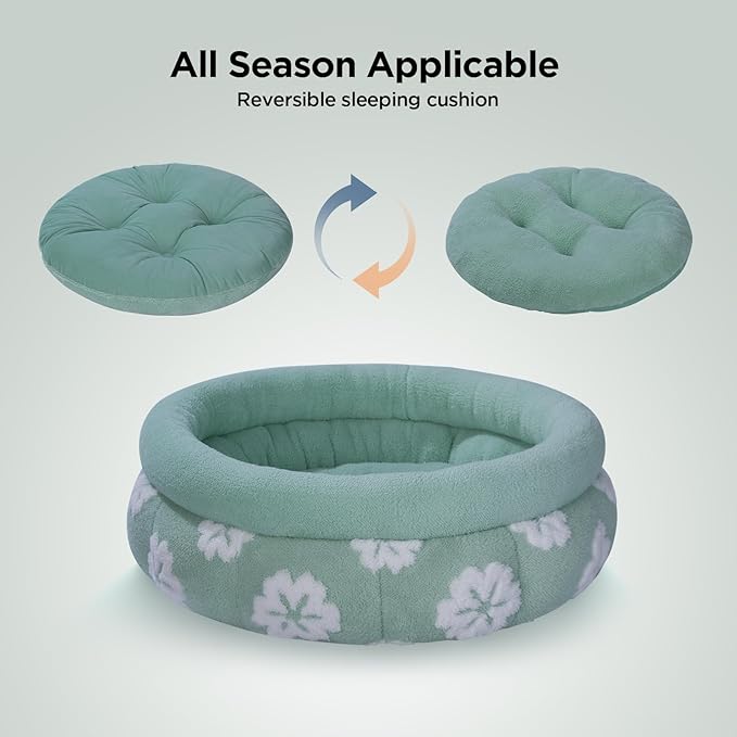 BALANCE Cat Beds for Indoor Cats, Washable Round Cat Bed, Cute 3D Flower Kitten Bed with Anti-Slip Bottom for Puppy and Kitten, 20 Inches, Green