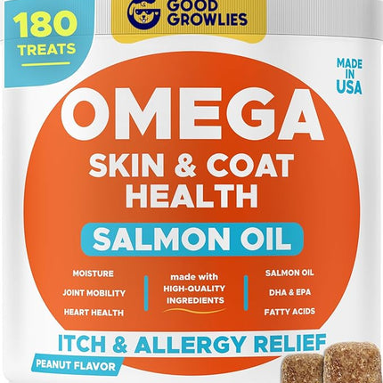 Omega 3 Fish Oil for Dogs (180Ct) - Skin&Coat Chews - Dry & Itchy Skin Relief + Allergy Support - Shiny Coat - EPA&DHA Fatty Acids - Salmon Oil Chews Promotes Heart - Peanut
