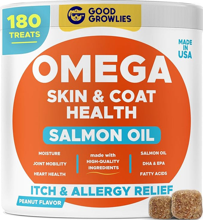 Omega 3 Fish Oil for Dogs (180Ct) - Skin&Coat Chews - Dry & Itchy Skin Relief + Allergy Support - Shiny Coat - EPA&DHA Fatty Acids - Salmon Oil Chews Promotes Heart - Peanut