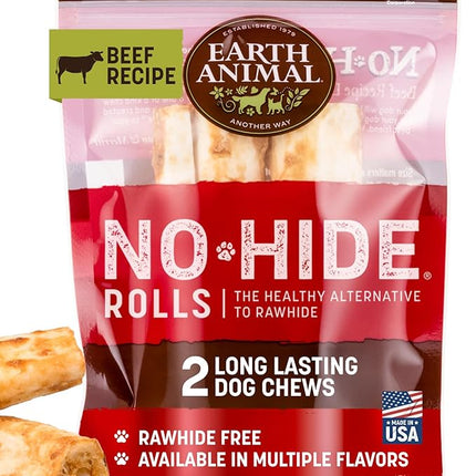 Earth Animal No Hide Chews - Long Lasting Rawhide Free Medium Dog Chews Rolls, Beef - 2 Count