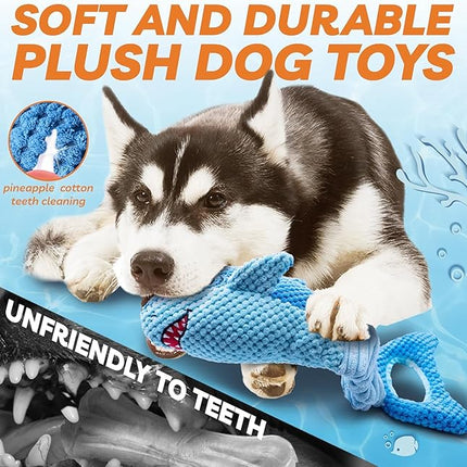 LEGEND SANDY Dog Toys for Aggressive Chewers, Large Dog Toys to Keep Them Busy, Interactive Squeaky Pet Toys, Tug of War, Crinkle Blue Shark (Blue)