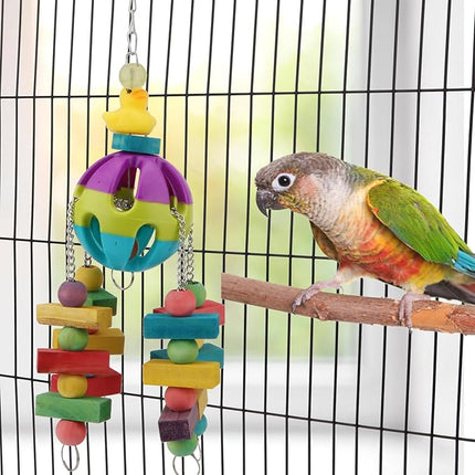 Hypeety Pet Parrot Toy Plastic Colorful Birds Ball with 1 Bell for Budgie African Grey Cockatoo Cockatiel Sun Conures 1 Ball with Wooden Blocks