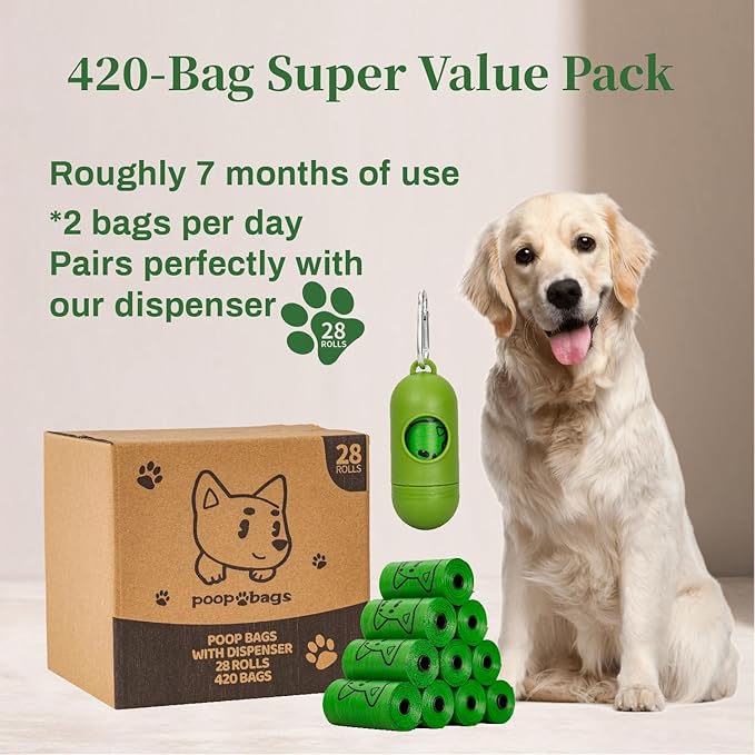 420 Counts Dog Poop Bags Rolls with Dispenser & Leash Clip, Scented Poop Bags for Dogs Waste, Extra Thick & Leak Proof for Poop Doggie Puppy Pet Waste, 9" x 13", Green