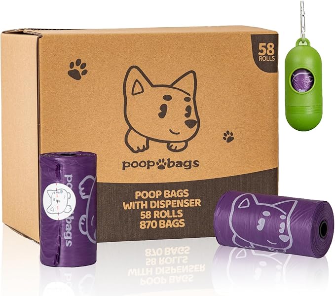 870 Counts Dog Poop Bags Rolls with Dispenser & Leash Clip, Scented Poop Bags for Dogs Waste, Extra Thick & Leak Proof for Poop Doggie Puppy Pet Waste, 9" x 13", Purple