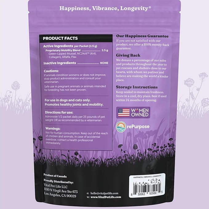 Vital Pet Life Green Lipped Mussel & Krill Powder, Hip & Joint Supplement for Dogs and Cats, Dog Joint Supplement, Mobility, Inflammation Defense, Collagen for Dogs, Veterinarian Developed, 30 packets
