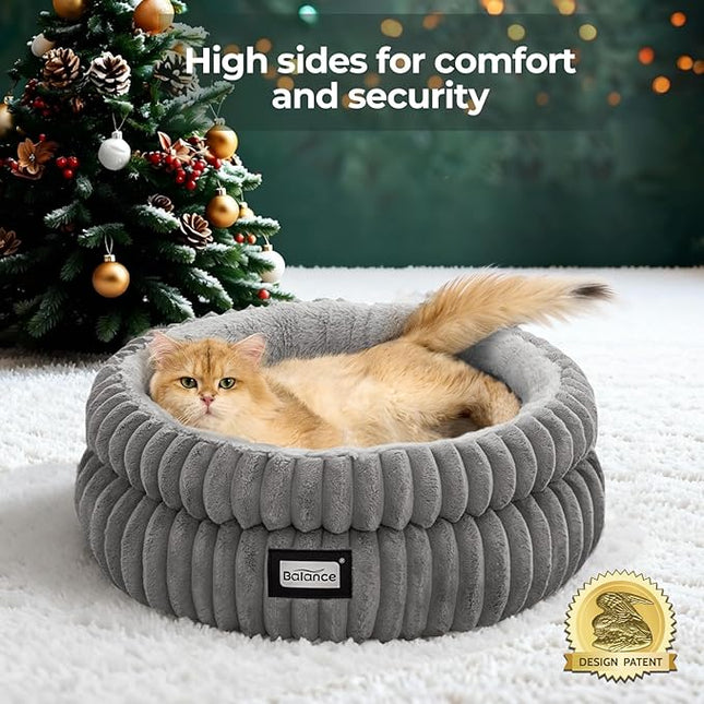 BALANCE Cat Bed Kitten Bed, Washable Round Cat Beds for Indoor Cats, Super Soft Plush Faux Fur Pet Bed for Puppy and Kitten with Anti-Slip Bottom