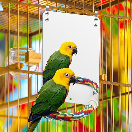 9.4‘’ Bird Mirror for Cage, Coolrunner Bird Parrot Mirror with Rope for Cockatiel Conures, Lovebirds, Parrot, Canaries, and Budgies