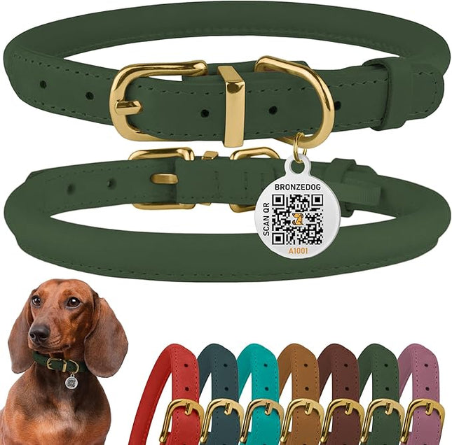 BronzeDog Rolled Leather Dog Collar with QR ID Tag, Adjustable Soft Round Collars for Small Medium Large Dogs Puppy (9" - 11" Neck Size, Emerald Green)