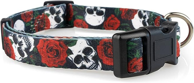 Limeloot Skulls and Roses Dog Collar for Small Dogs, Boy or Girl Dog Collar with Flowers and Skulls, Small