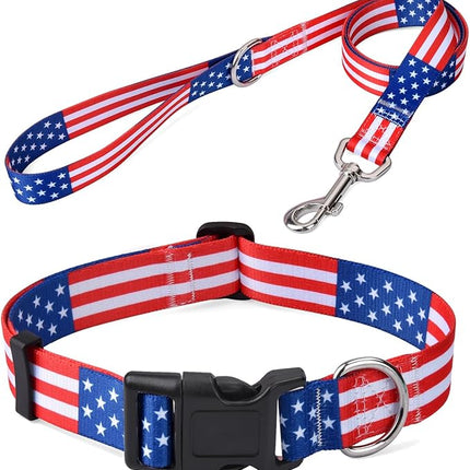 American Flag Dog Collar and Leash Set- Patriotic, US Flag Pattern, Star & Stripes, Fourth of July Dog Collar, Adjustable for Small Medium Large Dogs(Classic US Set,XS)