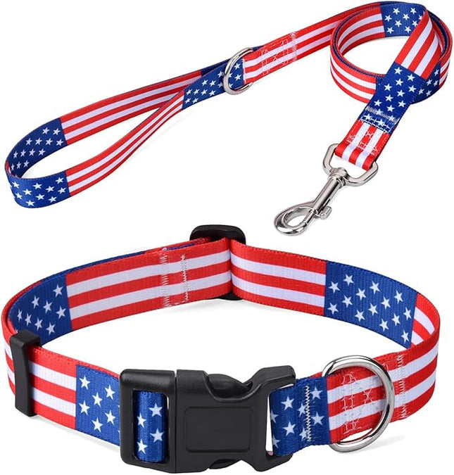 American Flag Dog Collar and Leash Set- Patriotic, US Flag Pattern, Star & Stripes, Fourth of July Dog Collar, Adjustable for Small Medium Large Dogs(Classic US Set,XS)