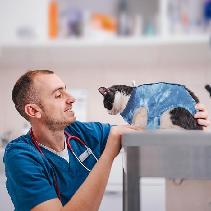 Cat Recovery Suit for Male and Female Surgical Post Surgery Soft Cone Onesie Tie Dye Cats Shirt Clothes Neuter Licking Protective Diapers Outfit Cover Kitten Spay Collar Alternative(Navy Blue, S)