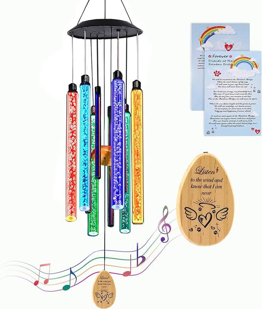Solar Pet Memorial Wind Chime, Dog Memorial Gifts for Loss of Dog, Rainbow Bridge Pet Memorial Gifts, Loss of Dog Sympathy Gift, in Memory of Dog, 6 LED Tubes Color Changing Rainbow, 33"