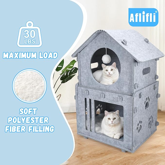 2-Storey Detachable Cat House for Indoor Cats Bed, Covered Beds & Furniture with Washable Cushioned, Cute Modern Condo for Multi Small Pet Large Kitten Kitty, Grey