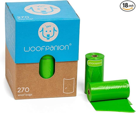 Woofpanion Improved Dog Poop Bags - Extra Strong Leak Proof Waste Bags Made from Recycled Plastic Unscented Refill Rolls for Easy Cleanup 18 rolls | 270 bags