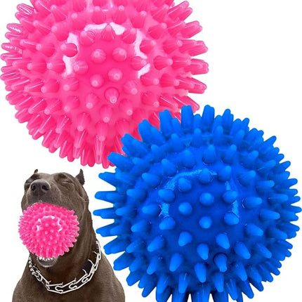 4.5” Heavy Duty Squeaky Dog Balls for Medium Large Dogs, Dog Toys for Aggressive Chewers, Spike Ball Toys for Clean Teeth and Training(2 Pack) (4.5" red and Blue)