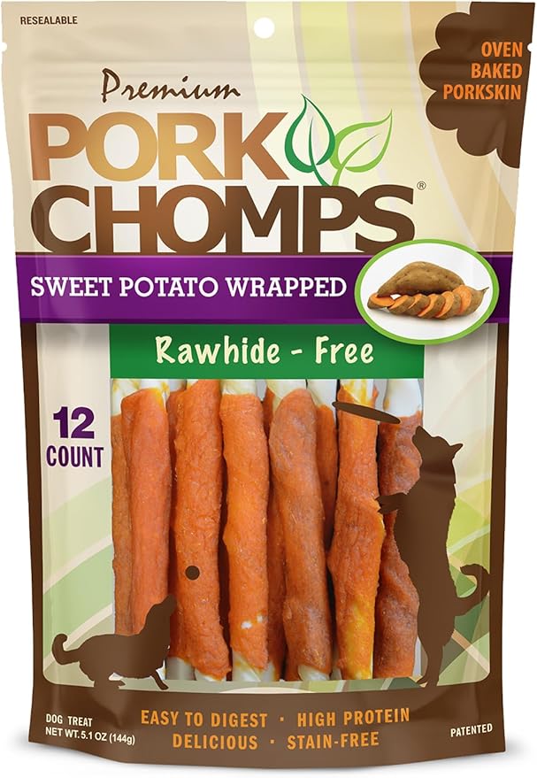 Pork Chomps Baked Pork Skin Dog Chews, 5-inch Mini Twists, Real Sweet Potato Wrap, 12 Count