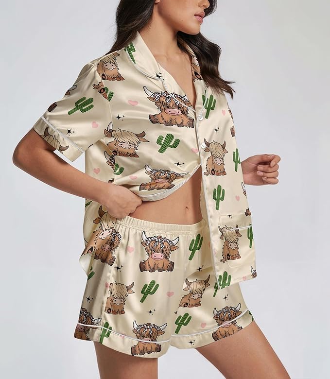 Women’s Silk Satin Pajama Set, Short Sleeve Button Down 2 Piece PJs with Shorts, Cozy Loungewear & Matching Holiday Pajamas