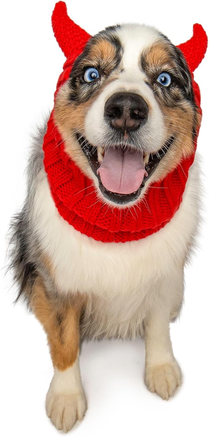 Zoo Snoods Red Devil Dog Costume - Warm Crochet Snood Wrap for Pets, Neck Ear Cover Protection, Halloween Winter (Large)