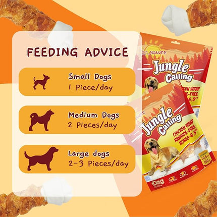 Jungle Calling Rawhide Free Dog Bones, 6.5" Real Chicken Wrapped Dog Chew Bones for Medium and Large Dogs Training Treats