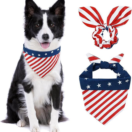 E-Clover 4th of July Dog Bandanas & Matching Scrunchie Set American Flag Dog Scarf Washable Patriotic Pet Bandana Triangle Kerchief Bibs for Medium Large Dogs Owner Gifts