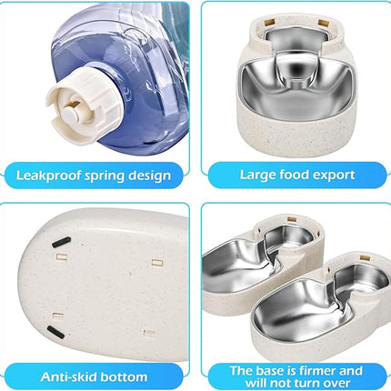 Automatic Cat Feeder and Water Dispenser with Stainless Steel Bowl Gravity Food Feeder and Waterer Set for Small Medium Dog Puppy Kitten 1 Gallon x 2(Beige)