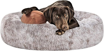 Coohom Oval Calming Donut Cuddler Dog Bed,Shag Faux Fur Cat Bed Washable Round Pillow Pet Bed(30"/36"/43") for Small Medium Dogs (L(30"x24"x8"),Light Brown)