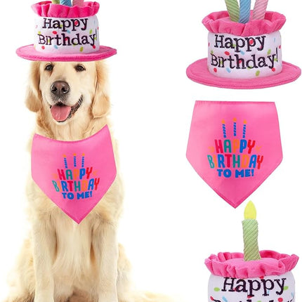 Large Dog Birthday Cake Hat & Bandana Scarfs & Birthday's Cake Squeaky Toys Set Blue, Handmade Dog Happy Birthday's Hat with Colorful Candles, Large Dogs Birthday Party Supplies Decorations, Pink