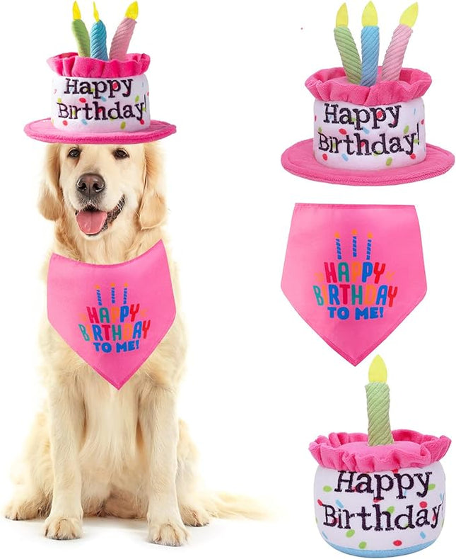 Large Dog Birthday Cake Hat & Bandana Scarfs & Birthday's Cake Squeaky Toys Set Blue, Handmade Dog Happy Birthday's Hat with Colorful Candles, Large Dogs Birthday Party Supplies Decorations, Pink