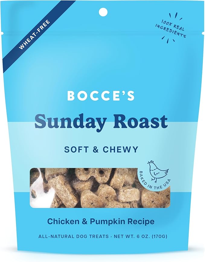 Bocce's Bakery Oven Baked Sunday Roast Treats for Dogs, Wheat-Free Everyday Dog Treats, Made with Real Ingredients, Baked in The USA, All-Natural Soft & Chewy Cookies, Chicken & Pumpkin Recipe, 6 oz
