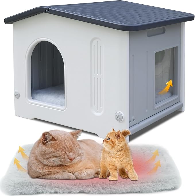Waterproof Outdoor Cat House with Escape Door, Plastic Cat House for Feral Cats Outdoor Cat House with Mat, Sturdy Cat House for Outdoor Cats, Assemble Easily-Grey