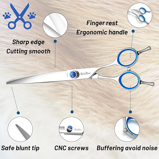 8inch Curved Dog Grooming Scissors Professional, Japanese VG10 Steel Sharp Pet Shears, with CNC Screw & Ergonomic Handle, 30 Degree Bend Cat Dog Trimming Scissors for Grooming Face and Paws Groomers