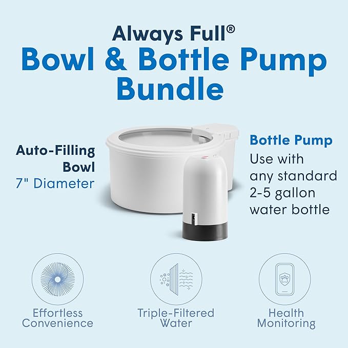Always Full® 7" Pet Water Bowl and Bottle Pump Bundle, Self-Refilling, Clean Filtered Water, App-Enabled Hydration Monitoring, Easy Upgrade to Wall Unit, Cat and Dog Water Bowls