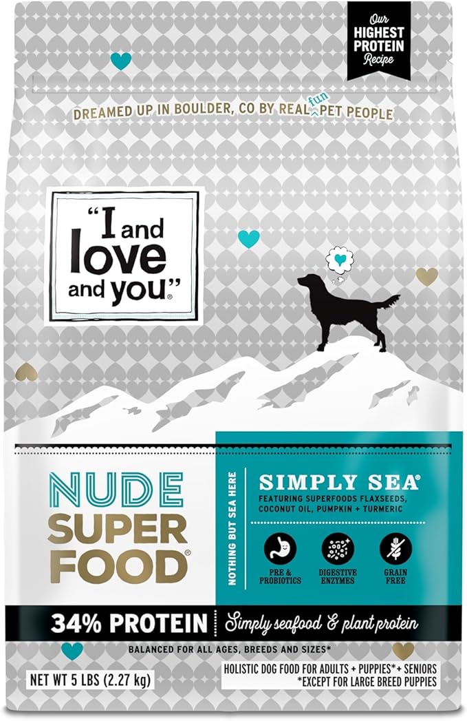 I and love and you Nude Super Food Dry Dog Food - Salmon + Whitefish - Prebiotic + Probiotic, Grain Free, Real Meat, No Fillers, 5lb Bag