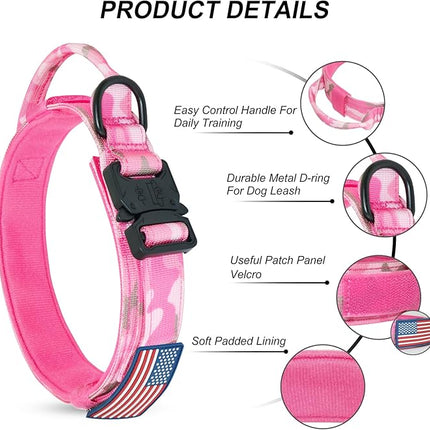 Hotsky Tactical Dog Collar, Adjustable Military Training Nylon Airtag Collar with Handle and Heavy Duty Metal Buckle for Medium Large Dogs, with Airtag Holder and Two Patches （Pink Camo,L）