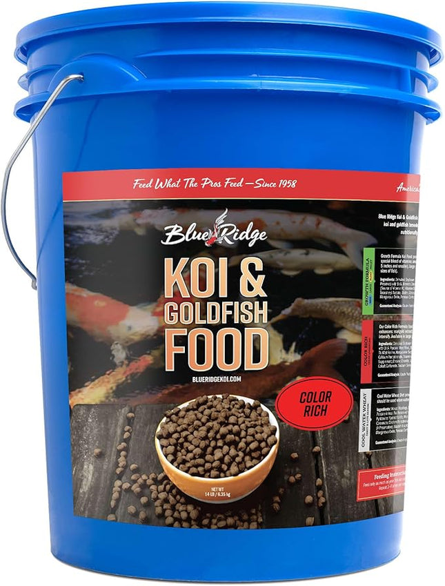 Blue Ridge Koi Fish Food 14lb - Koi Food Color Growth Formula, Goldfish Food, Premium Fish Food for Ponds, Ponds Fish Food, Floating Pond Pellets