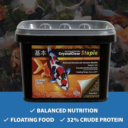 CrystalClear Staple Pond Fish Food for Healthy Koi & Goldfish, Protein Packed Floating Pellets for Summer Nutrition, Easy Digestion, 2.2 Pound Bag