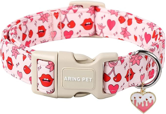 ARING PET Valentine's Day Dog Collar, Cute Pink Cherry Lips Pet Collars with Quick Release Buckle for Puppy Small Medium Large Girl Boy Dogs Cotton-S