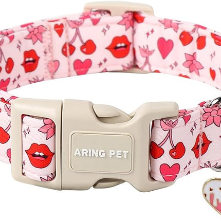 ARING PET Valentine's Day Dog Collar, Cute Pink Cherry Lips Pet Collars with Quick Release Buckle for Puppy Small Medium Large Girl Boy Dogs Cotton-M