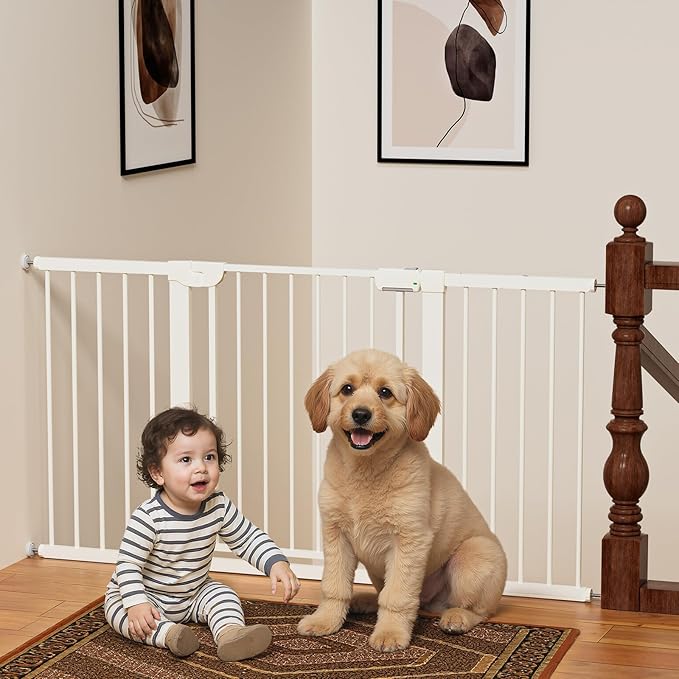 29.5-59.8" Baby Gate for Stairs, Baby Safety Essentials, Auto Close Gate for Doorways, Easy Install Pressure Mounted Dog Gate Indoor, Pet Gates for Dogs, White