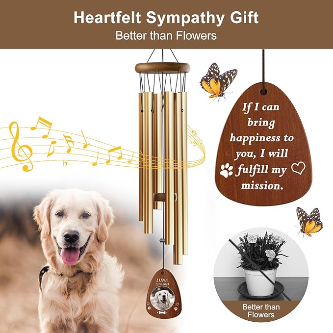 Personalized Pet Memorial Wind Chimes - Dog Memorial Gifts for Loss of Dog Pet Loss Sympathy Gift Wind Chimes for Outdoor Remembrance Gift by Bemaystar (Golden