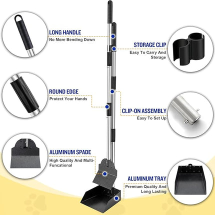Dog Pooper Scooper,Tray and Spade Set Poop Scooper for Dogs, Adjustable Long Handle Metal Pooper Scooper with Bin for Pet Waste Removal, No Bending Clean Up for Medium and Large Dogs