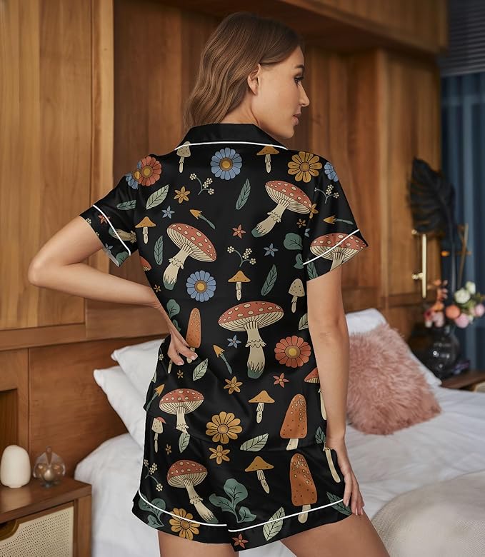 Women’s Silk Satin Pajama Set, Short Sleeve Button Down 2 Piece PJs with Shorts, Cozy Loungewear & Matching Holiday Pajamas