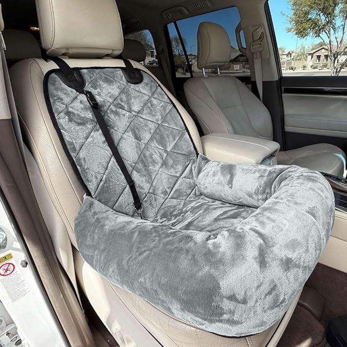 4Knines Dog Car Seat – Plush Travel Bed for SUVs, Trucks & Sedans – Comfortable, Supportive & Secure Ride for Small and Medium Dogs – Washable, Non-Slip Bottom, UV-Resistant Straps & Clips - Grey