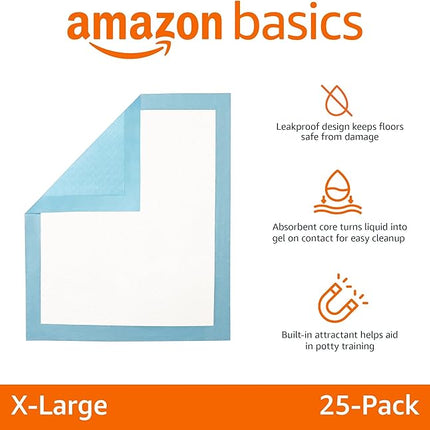 Amazon Basics Dog and Puppy Pee Pads with 5-Layer Leak-Proof Design and Quick-Dry Surface for Potty Training, Heavy Duty Absorbency, X-Large, 28 x 34 Inch - Pack of 25, Blue & White